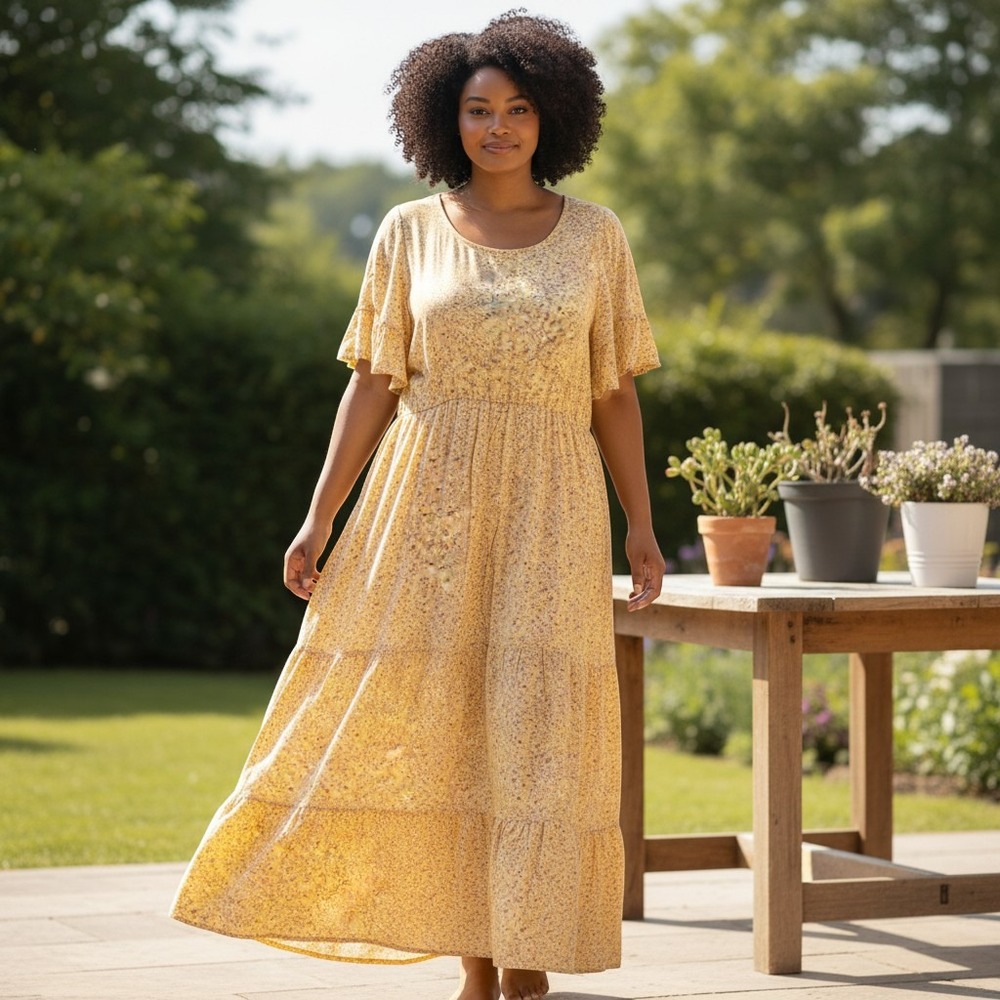 286.Yellow Floral Tiered Maxi Dress Flutter Sleeve Cottagecore Summer Boho Ditsy
